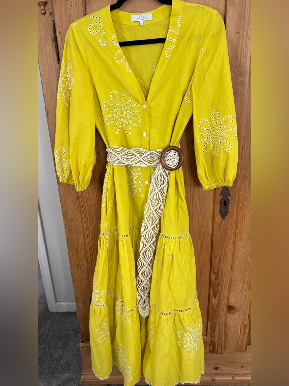 Pearl By Lela Rose Yellow Eyelet Floral Tiered Button Dress